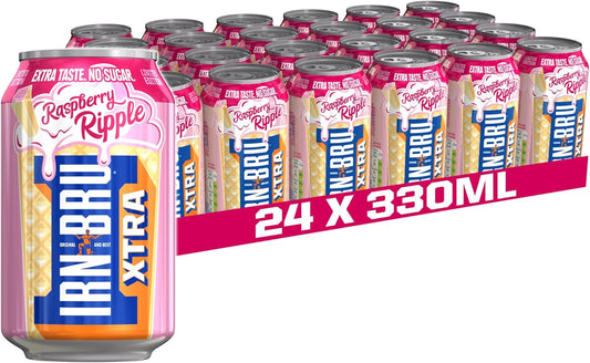 IRN-BRU Xtra No Sugar Limited Edition Raspberry Ripple Soft Drink - 24 x 330ml Cans