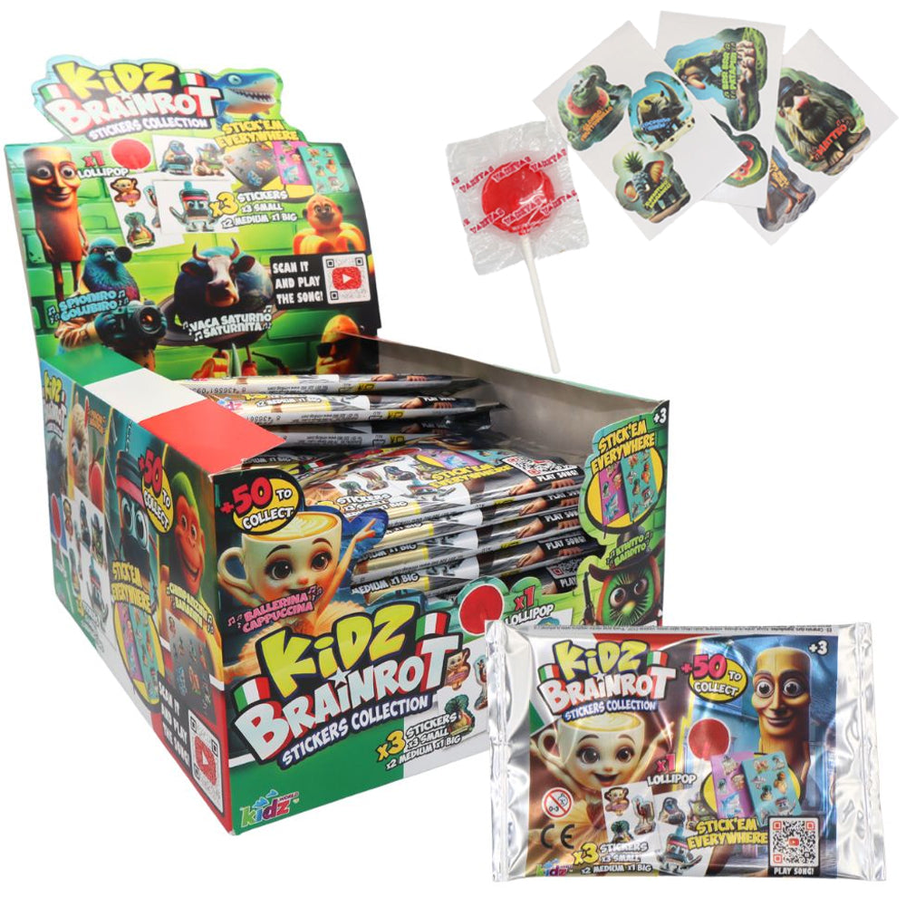 Kids Brainrot Lollipop & Stickers 24g (12 & 24 Packs) QR Song