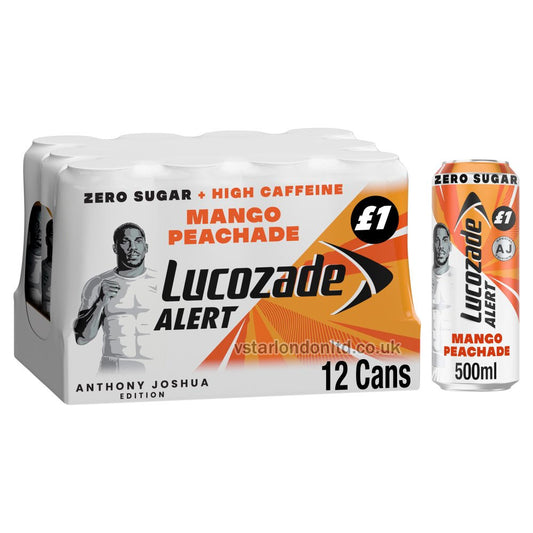 Lucozade Alert Zero Sugar Mango Peachade Energy Drink 500ml PMP – Pack of 12