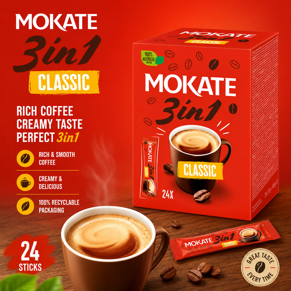 Mokate 3 in 1 Classic Instant Coffee Sachets 24 x 17g (Box of 6)