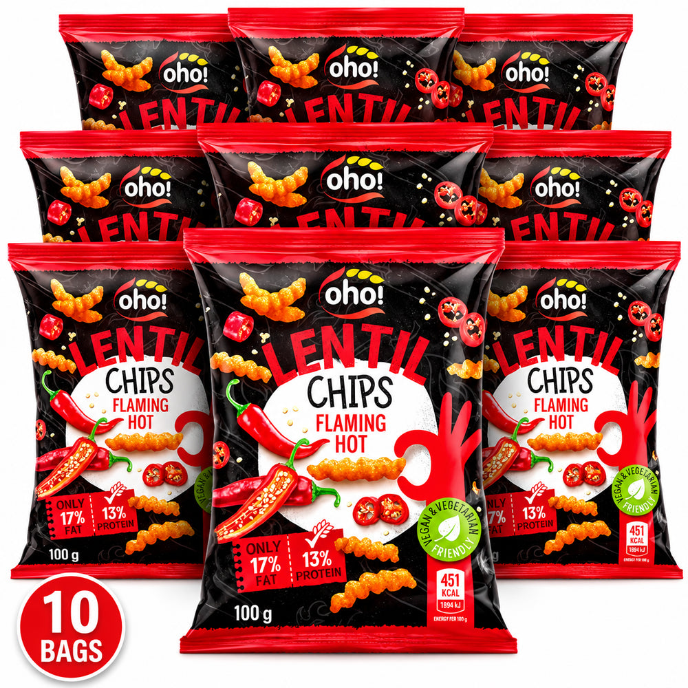 Oho! Lentil Chips Flaming Hot 100g (10, 15 & 23 Bags)