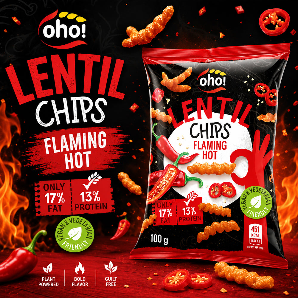 Oho! Lentil Chips Flaming Hot 100g (10, 15 & 23 Bags)