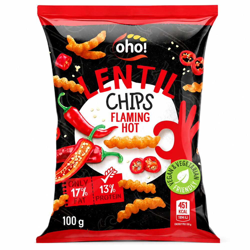 Oho! Lentil Chips Flaming Hot 100g (10, 15 & 23 Bags)