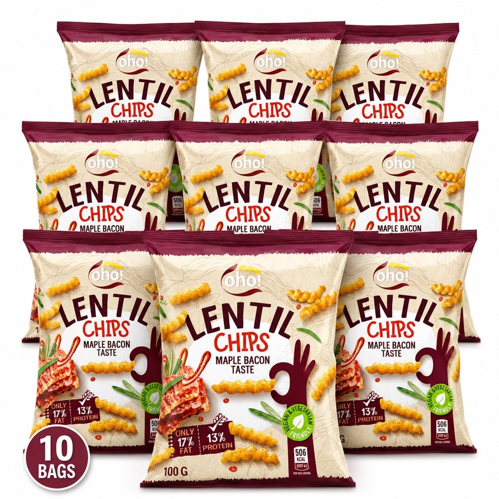 Oho! Lentil Chips Maple Bacon Flavour 100g (10, 15 & 23 Bags)