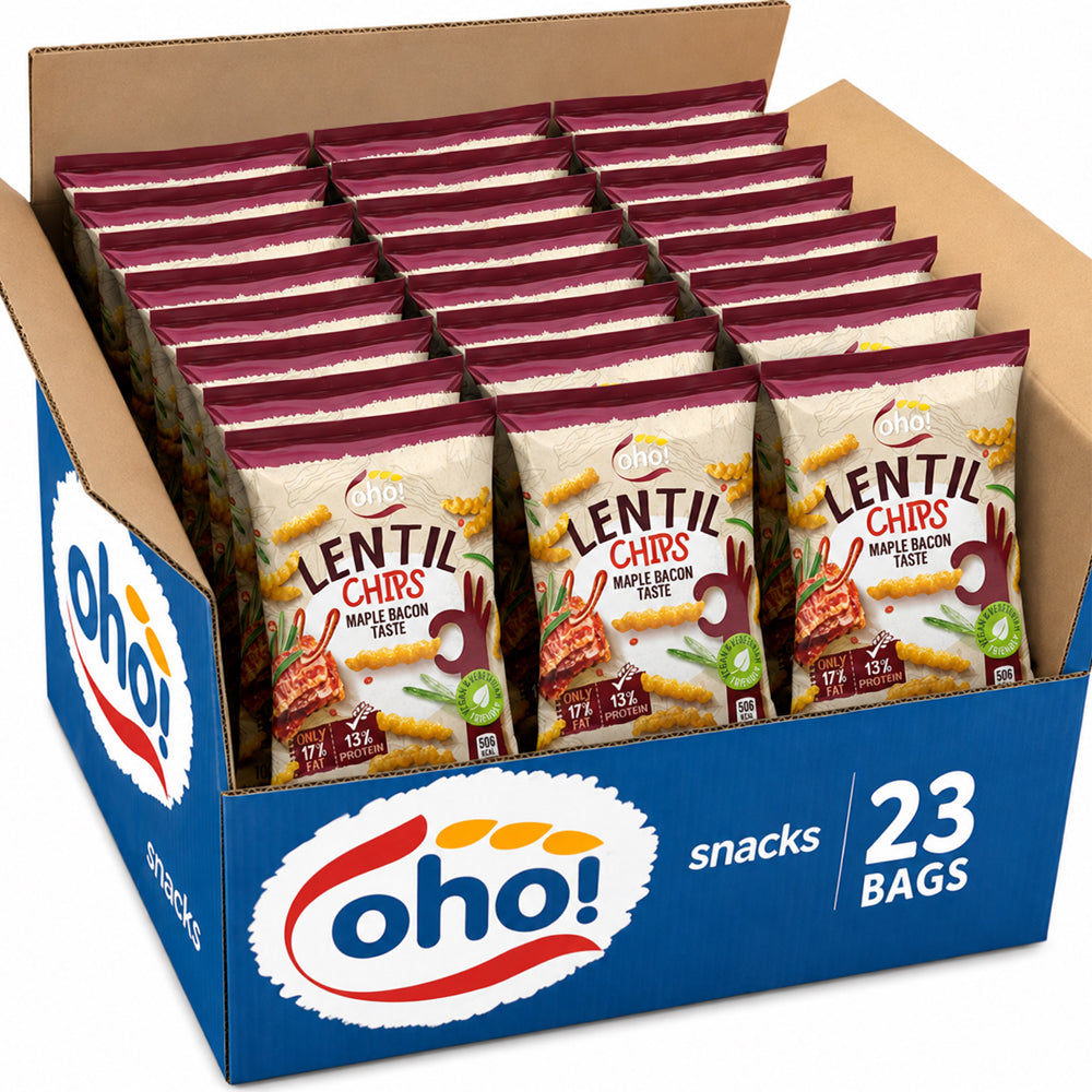 Oho! Lentil Chips Maple Bacon Flavour 100g (10, 15 & 23 Bags)