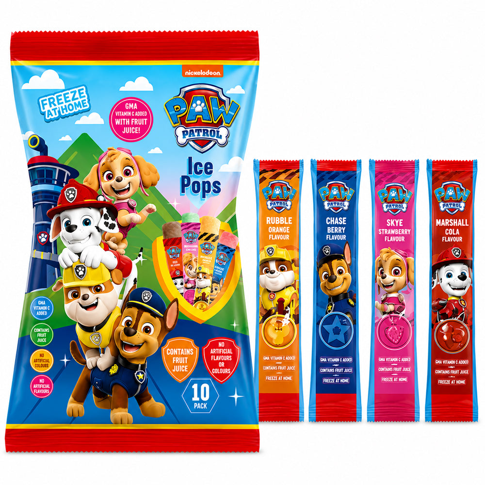 Paw Patrol Ice Pops Multipack 500ml x 10 Freezable Fruit & Cola Flavoured Ice Pops Packs