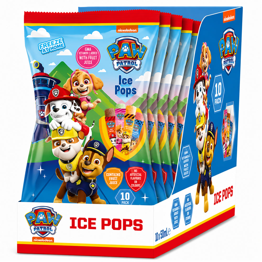 Paw Patrol Ice Pops Multipack 500ml x 10 Freezable Fruit & Cola Flavoured Ice Pops Packs