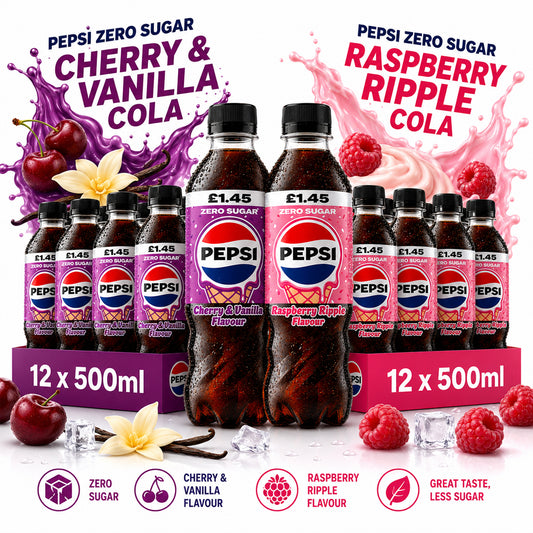 Pepsi Zero Sugar Cherry Vanilla & Raspberry Ripple Mixed (6 & 12 Bottles)