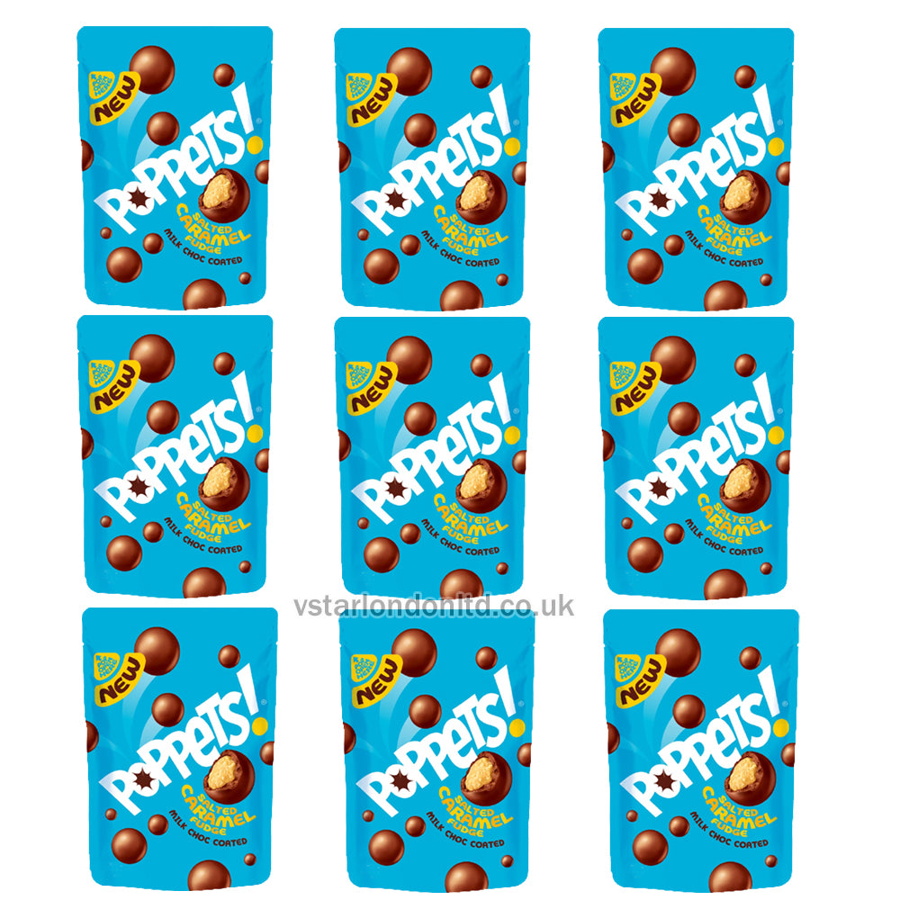 Poppets Milk Chocolate Coated Salted Caramel Fudge Pouch 120g(Pack of 9)