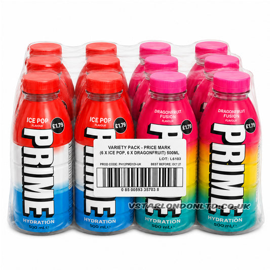 Prime Hydration Variety Pack 500ml Ice Pop & Dragon Fruit (6 & 12 Bottles)