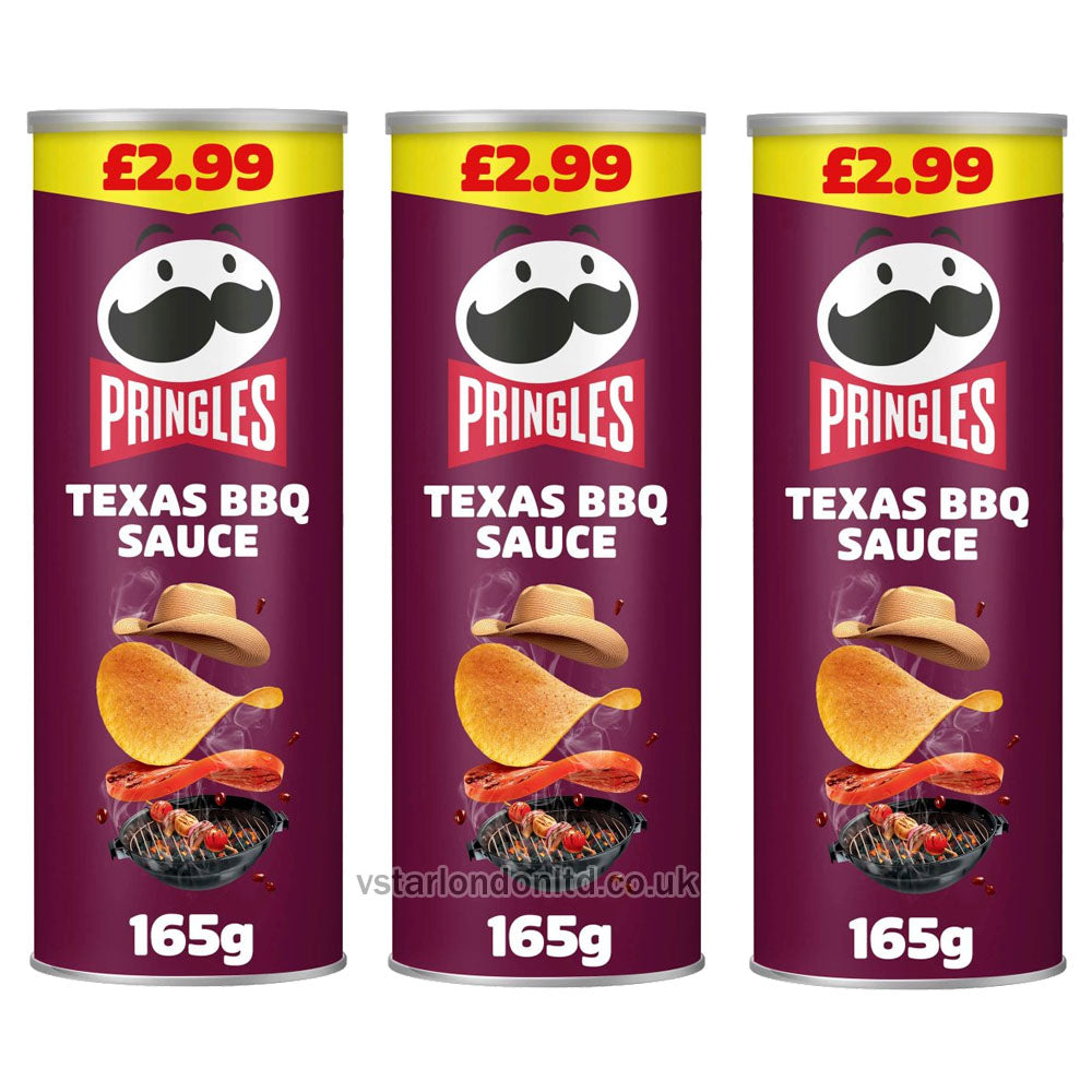Three cans of Pringles Texas BBQ Sauce on a white background