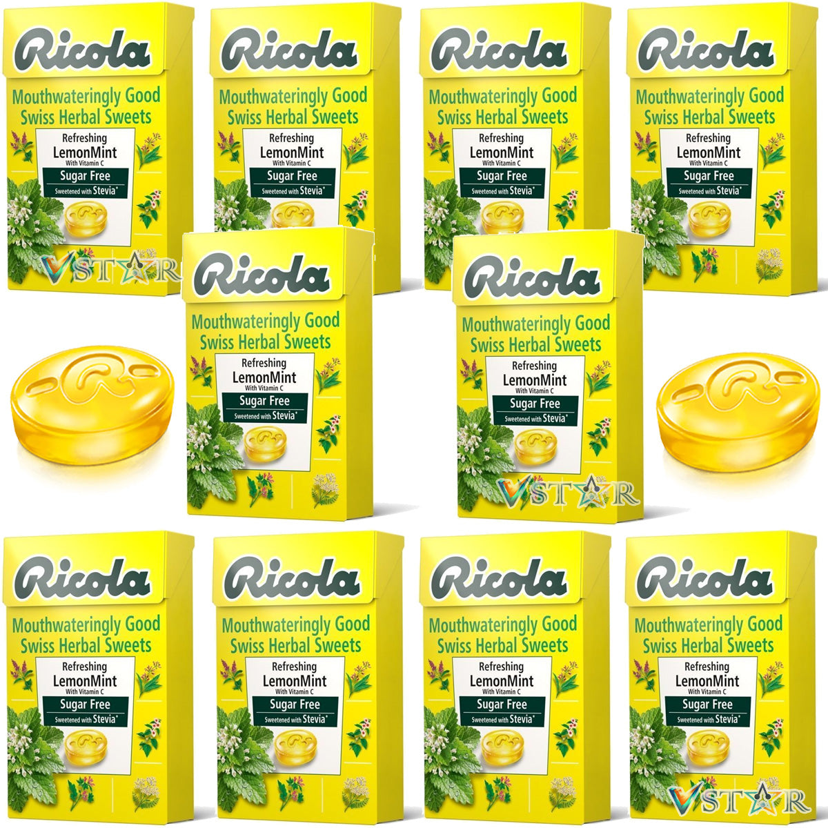 Ricola Lemon Mint Swiss Herbal Sugar Free Sweets 45g (Pack Of 10)