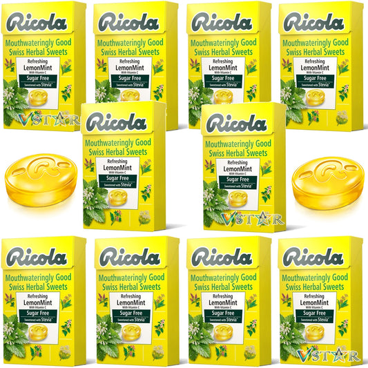 Ricola Lemon Mint Swiss Herbal Sugar Free Sweets 45g (Pack Of 10)