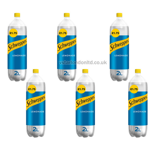 Six bottles of Schweppes Lemonade on a white background