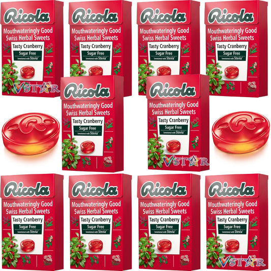 Ricola Cranberry Swiss Herbal Sugar Free Sweets 45g (Pack Of 10)