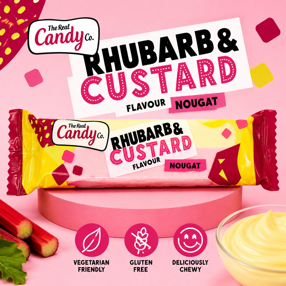 The Real Candy Co. Rhubarb & Custard Nougat Bar 130g (Box of 16)