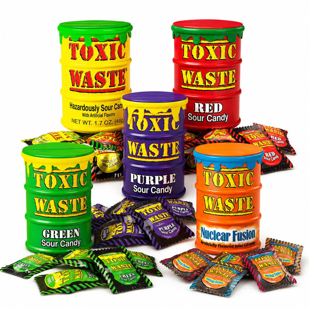 Toxic Waste Sour Candy Drum 42g | Yellow Red Green Purple Fusion Flavours Extreme Sour Sweets (Box of 12 Drums)
