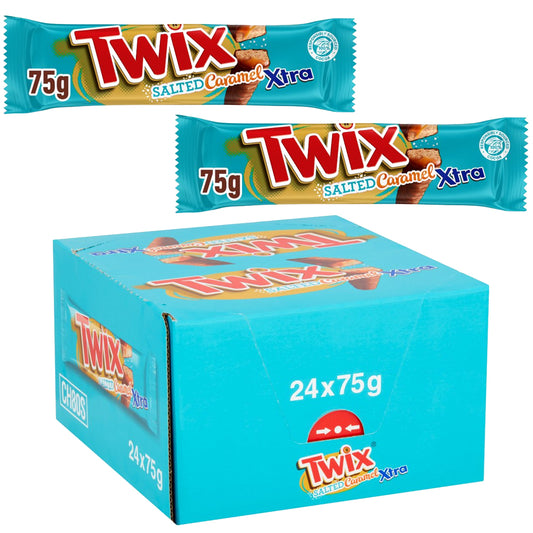 Twix Xtra Salted Caramel Chocolate Biscuit Twin Bars 75g (12 & 24 Bars)