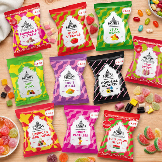 Bonds Classic Sweets 130g PMP| Rhubarb Custard Pear Drops Jelly Beans Fruit Pastilles (Box of 12)