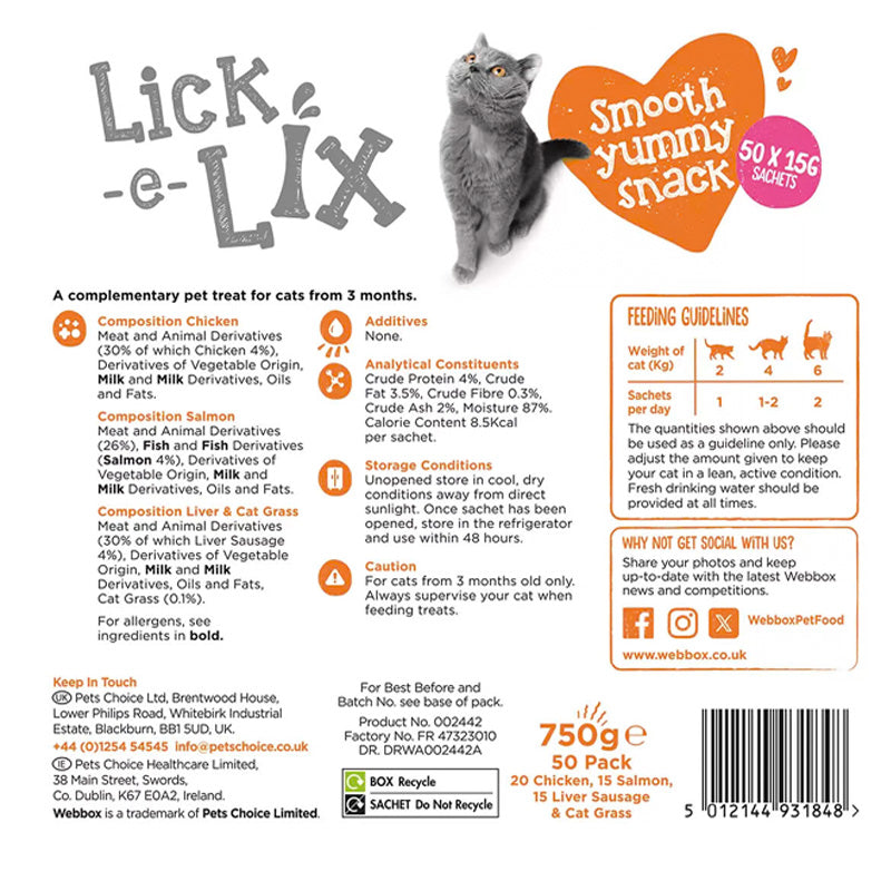 Webbox Lick-e-Lix Cat Treats Mega Pack 50 x 15g Sachets -3 Flavours