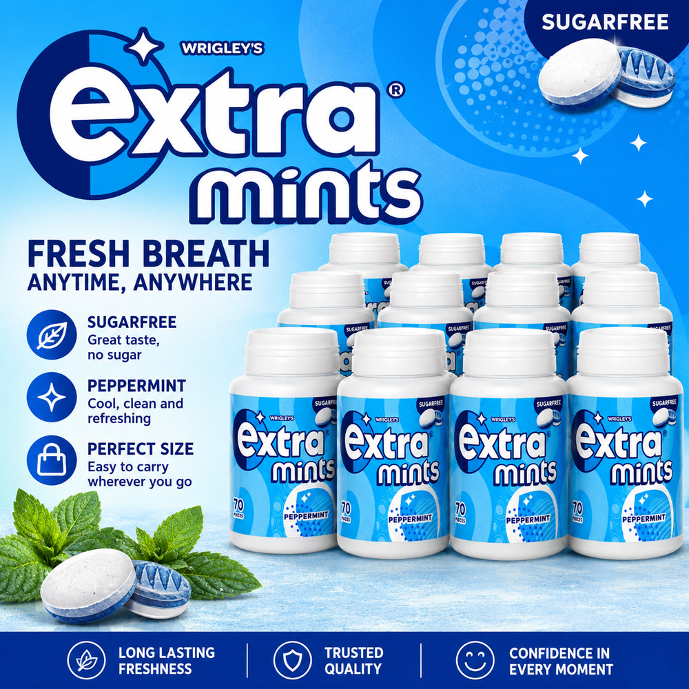Wrigley's Extra Peppermint Sugar Free Mints 70 Pieces (6 & 12 Bottles)