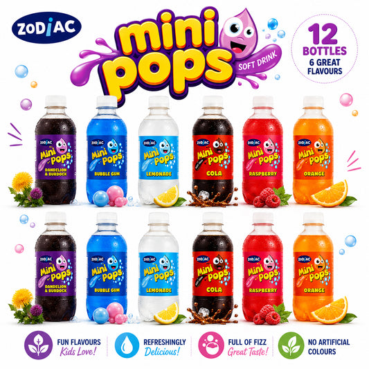 Zodiac Mini Pops Random Mixed Flavour Soft Drinks 12 x 330ml Bottles