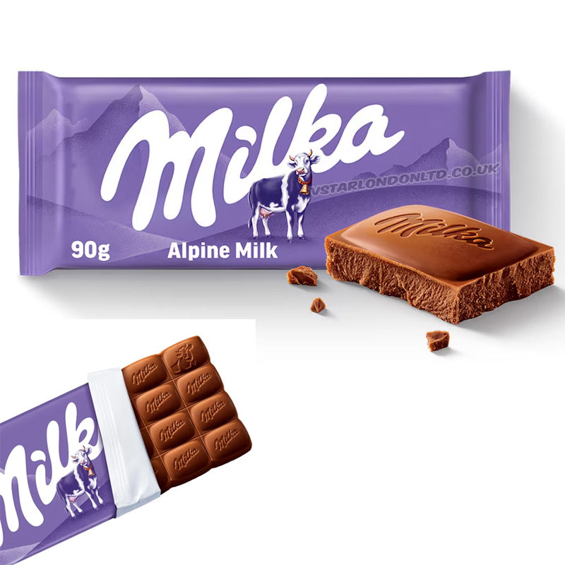 Milka Alpine Milk Chocolate Bar 90g (Box of 12 & 25 Bars)