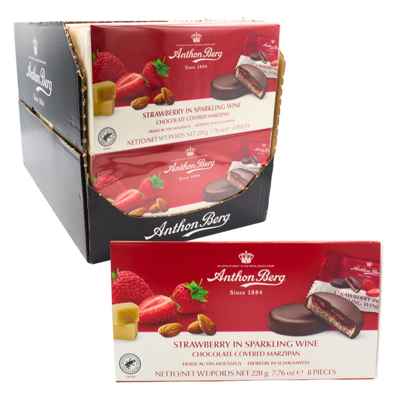 Anthon Berg Strawberry in Sparkling Wine Chocolate Covered Marzipan 220g x 6 or 12 Boxes