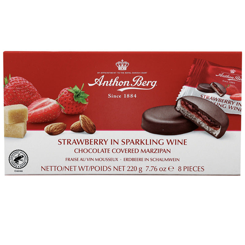 Anthon Berg Strawberry in Sparkling Wine Chocolate Covered Marzipan 220g x 6 or 12 Boxes