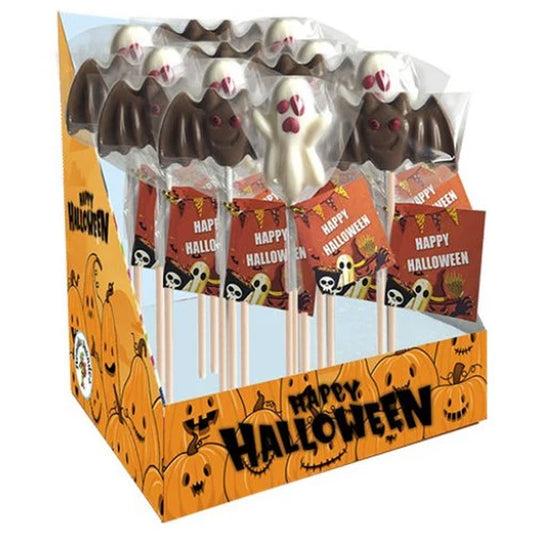Bat & Ghost Chocolate Lollipops 20g Halloween Assortment (Box of 18 Lollies)