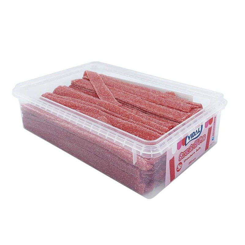 Vidal Fizzy Strawberry Belts PMP Tub 1.3kg Sugar Coated Strawberry Flavour Belts Candy