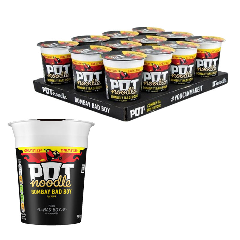 Pot Noodle 90g Instant Snack Cups– Chicken & Mushroom, Bombay Bad Boy & More (Box of 12)
