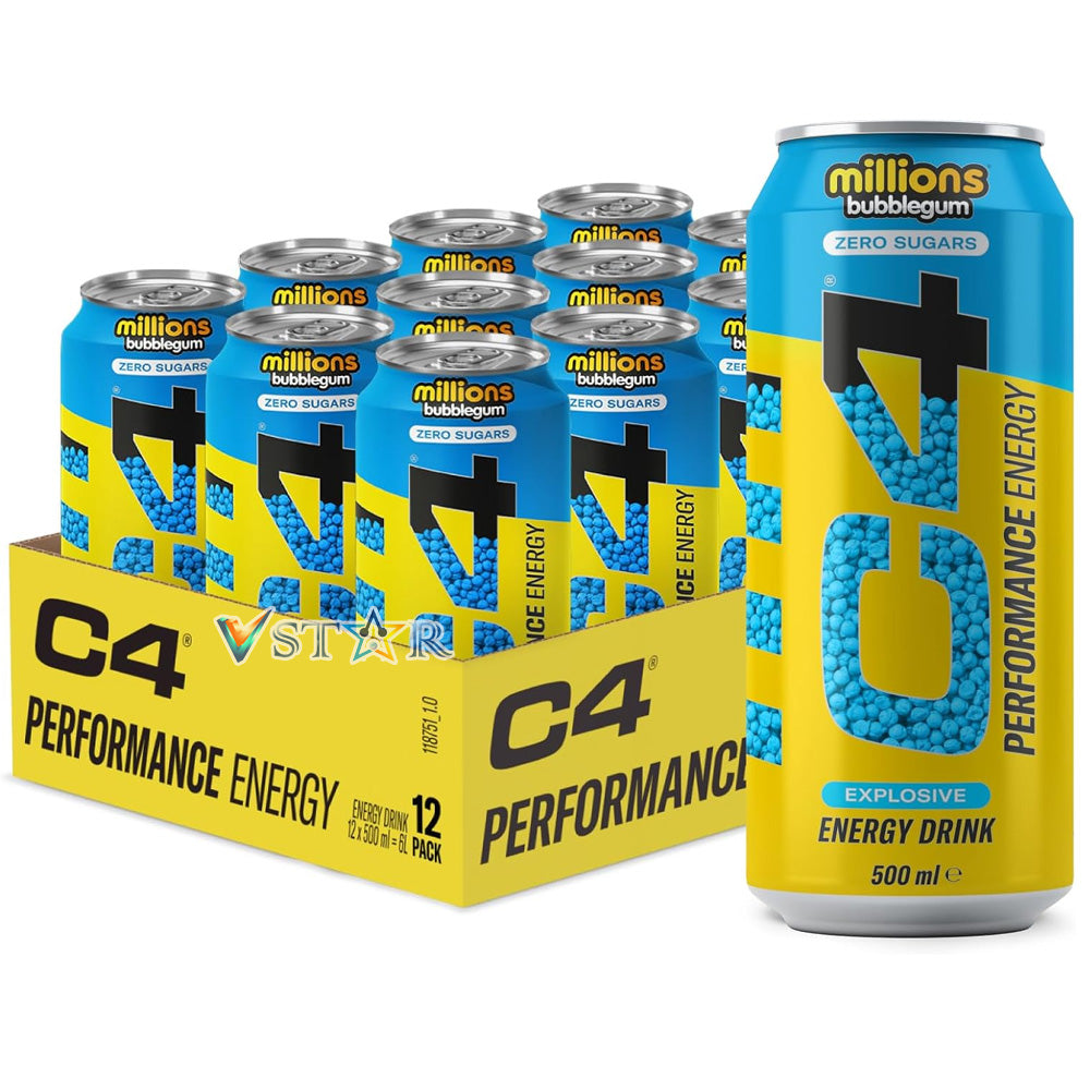 C4 Energy Bubblegum Millions ZERO SUGAR ENERGY DRINKS 12 x 500ml Cans