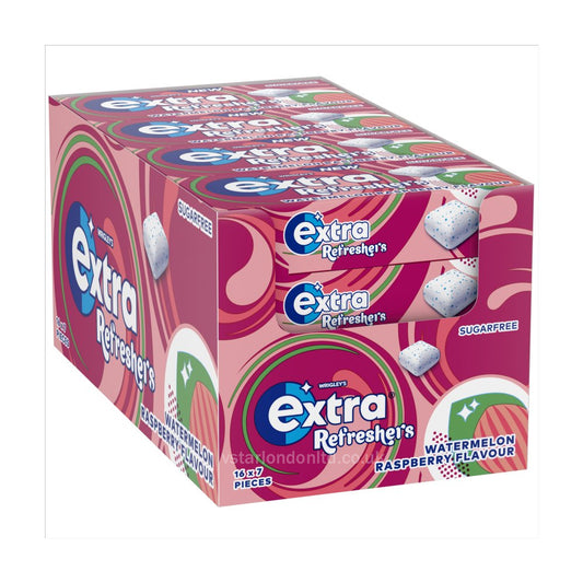 Extra Refreshers Watermelon Raspberry Flavour Sugar-Free Chewing Gum Handy (Box of 16 packs & 7 Pieces in each)