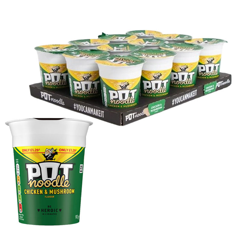 Pot Noodle 90g Instant Snack Cups– Chicken & Mushroom, Bombay Bad Boy & More (Box of 12)