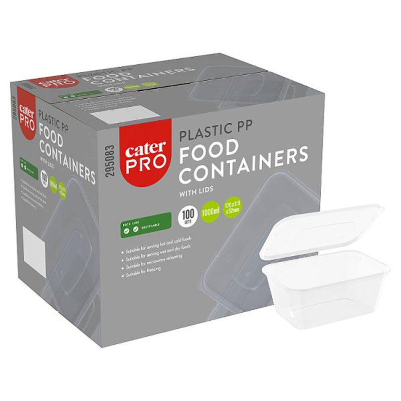 CaterPro 100 Plastic PP Food Containers with Lids 1000ml – 100 Sets