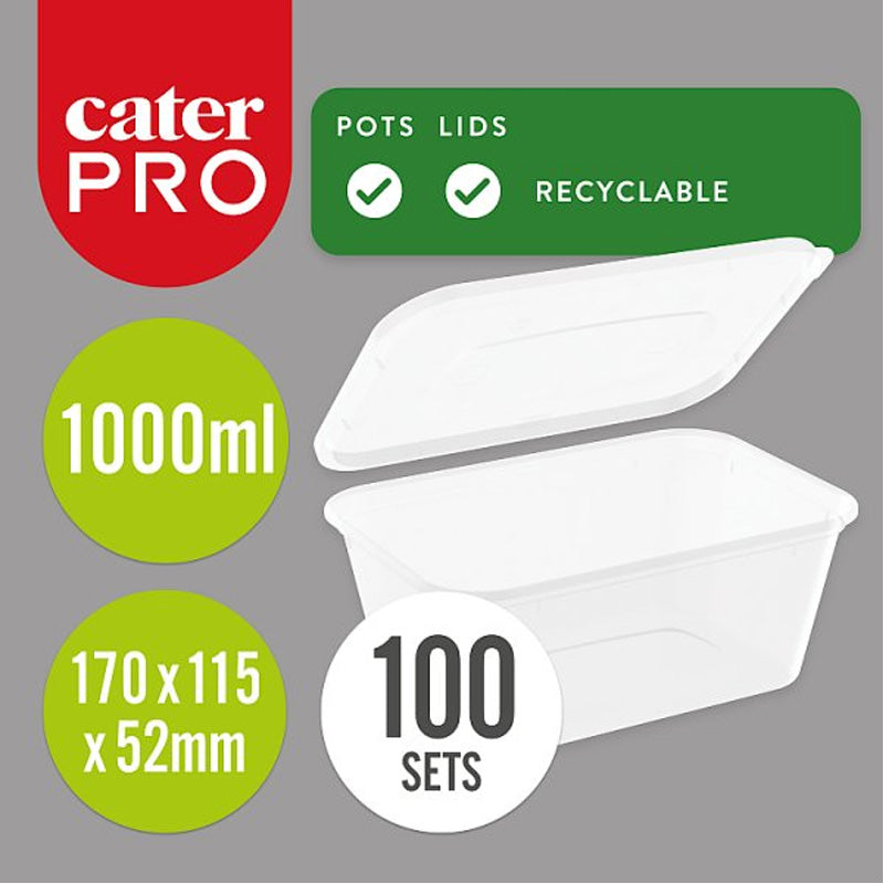 CaterPro 100 Plastic PP Food Containers with Lids 1000ml – 100 Sets