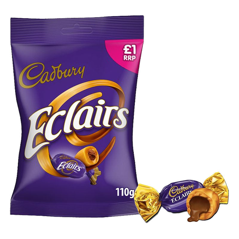 Cadbury Eclairs Sugar Confectionery 110g– Chewy Caramel with Chocolate Centre (Box of 12 Packs)