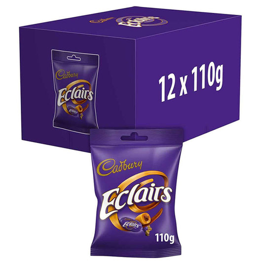 Cadbury Eclairs Sugar Confectionery 110g– Chewy Caramel with Chocolate Centre (Box of 12 Packs)