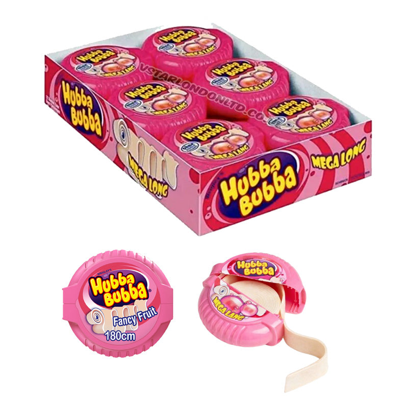 Hubba Bubba Mega Long Tape Bubble Gum Strawberry & Fancy Fruit Flavour 56g (Box of 12)