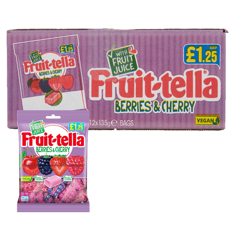 Fruit-tella Berries & Cherry Bag 135g PMP Assorted Chewy Fruit Sweets (Box of 12 Packs)