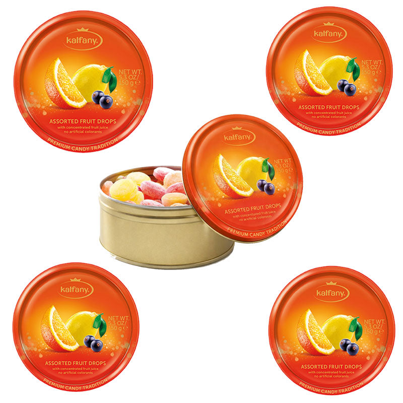 Kalfany Fruit Drops Tin 150g – Wildberry, Citrus, Assorted & Fruit Selection (5 & 10 Tins)