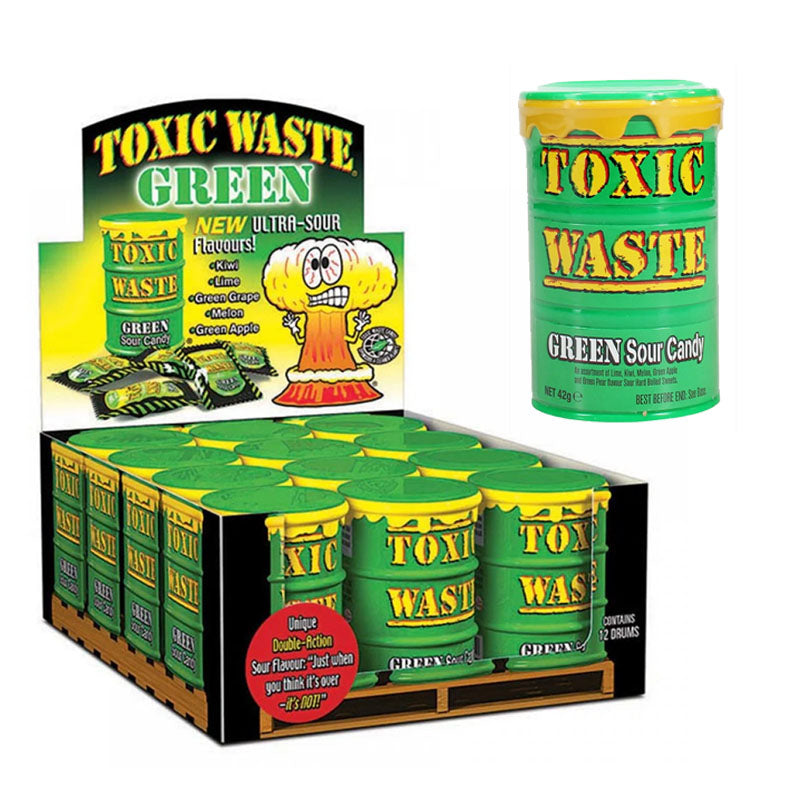 Toxic Waste Sour Candy Drum 42g | Yellow Red Green Purple Fusion Flavours Extreme Sour Sweets (Box of 12 Drums)
