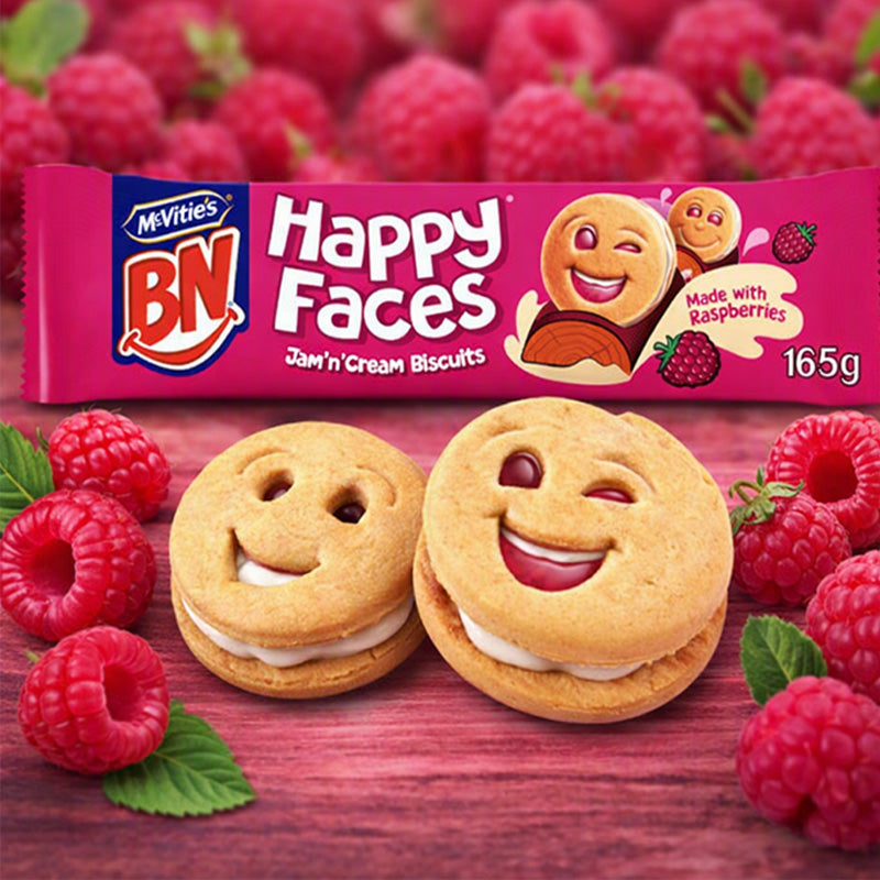McVitie's BN Happy Faces Jam & Cream Biscuits 165g x 6 Packs Raspberry Filled Sandwich Biscuits