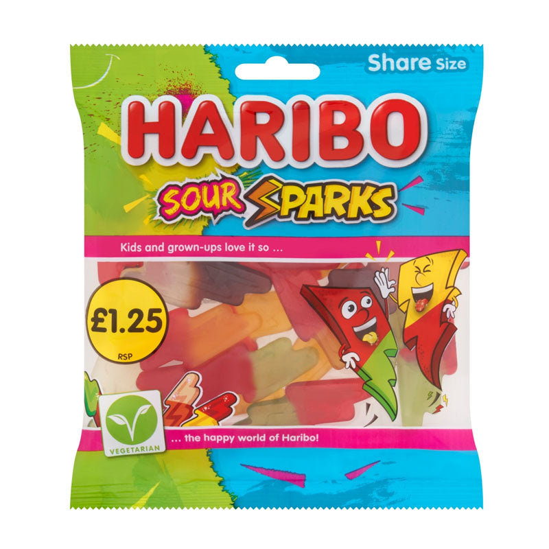 Haribo Sour Sparks Bag 140g PMP Sour Fruit and Cola Flavour Gummy Sweets (Box of 12 Packs)