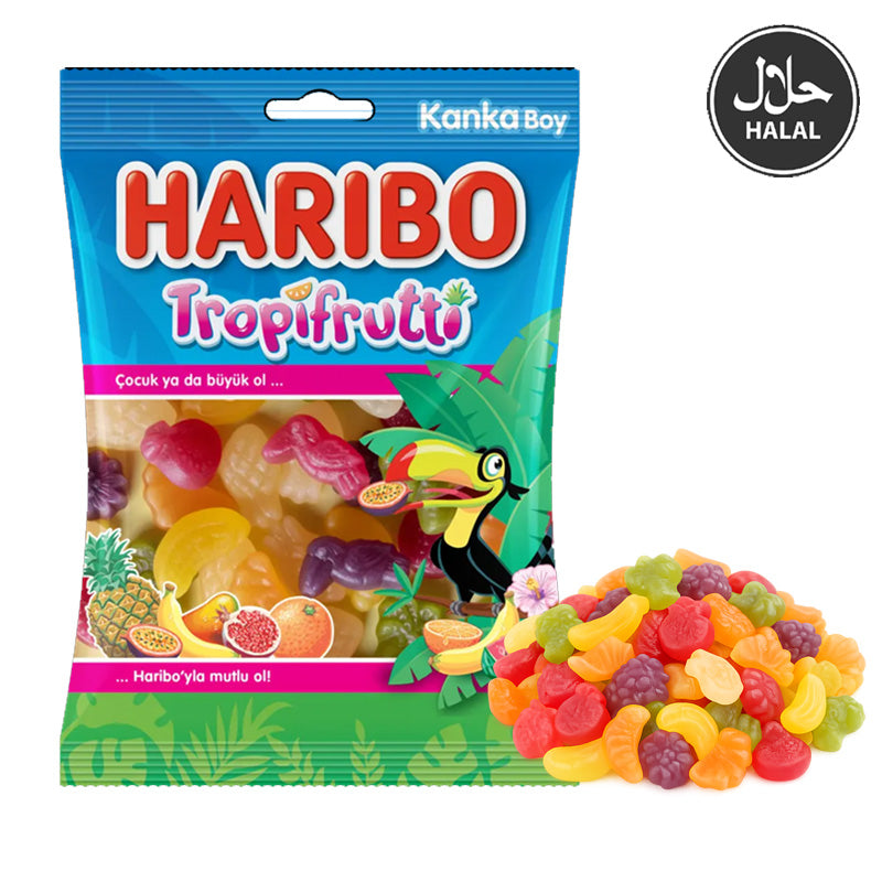 Haribo Halal Tropifrutti 80g Tropical Fruit Flavour Jelly Sweets (Box of 24 packs)