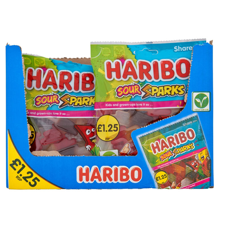 Haribo Sour Sparks Bag 140g PMP Sour Fruit and Cola Flavour Gummy Sweets (Box of 12 Packs)