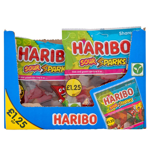 Haribo Sour Sparks Bag 140g PMP Sour Fruit and Cola Flavour Gummy Sweets (Box of 12 Packs)