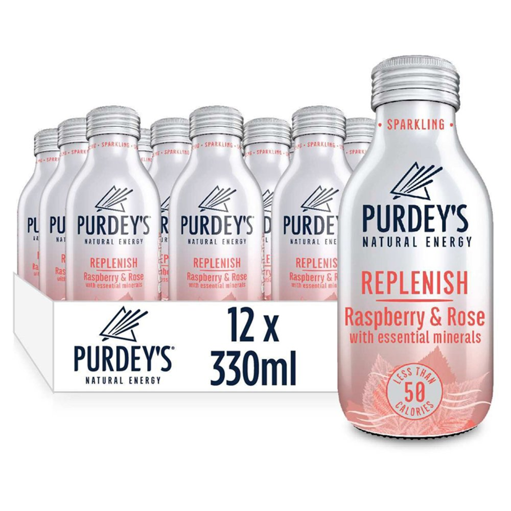 Purdey's Natural Energy Replenish Sparkling Raspberry & Rose Bottles 12 x 330ml