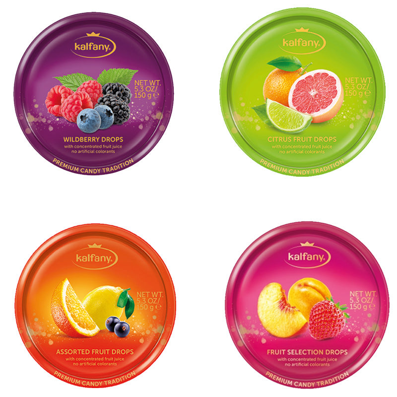 Kalfany Fruit Drops 150g Tins – Mixed Flavours (5 or 10 Tins)